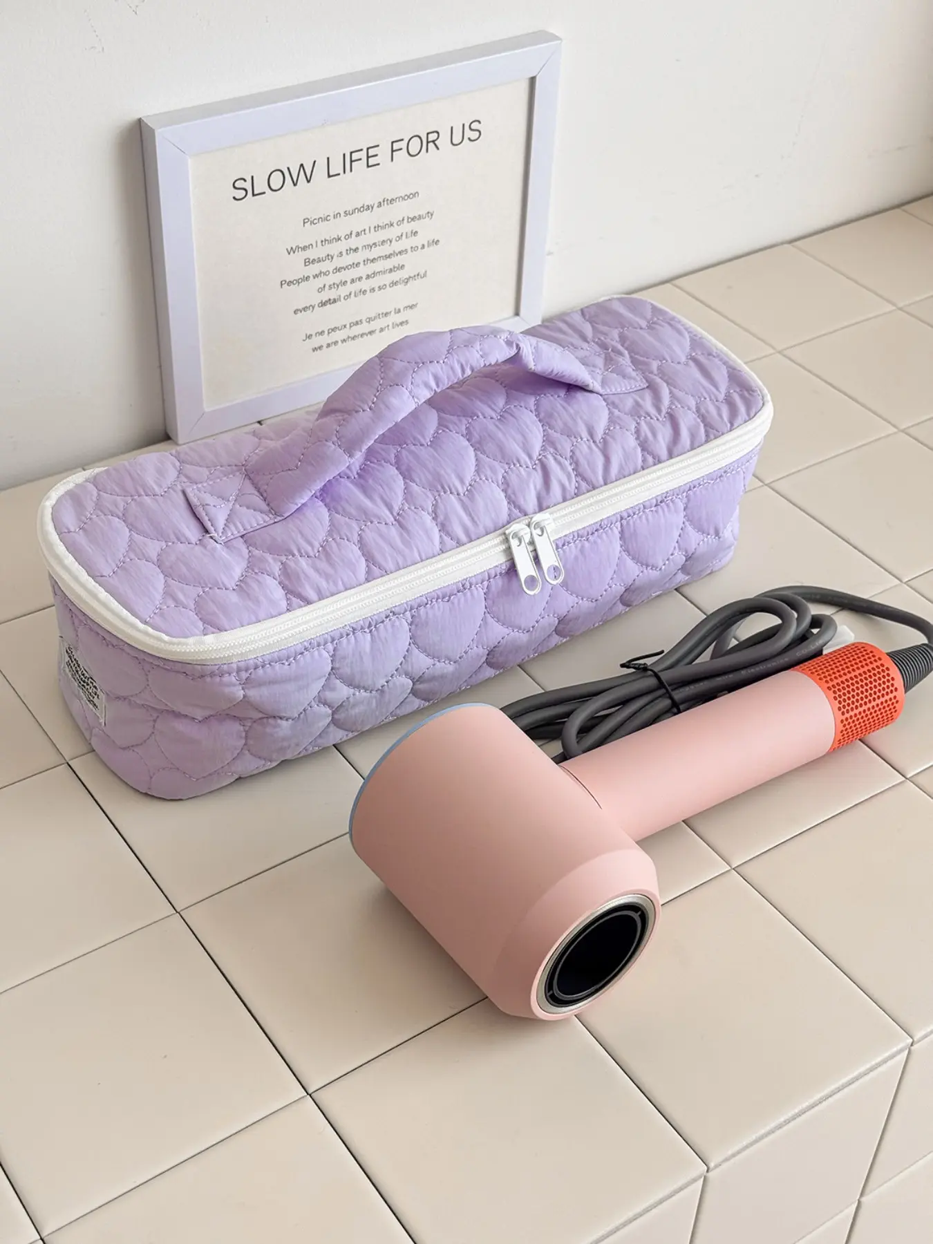 Heart Quilted Hair Dryer Curling Iron Storage Bag, High Aesthetic Portable Travel Protective Case, Organizational Pouch for All Seasons