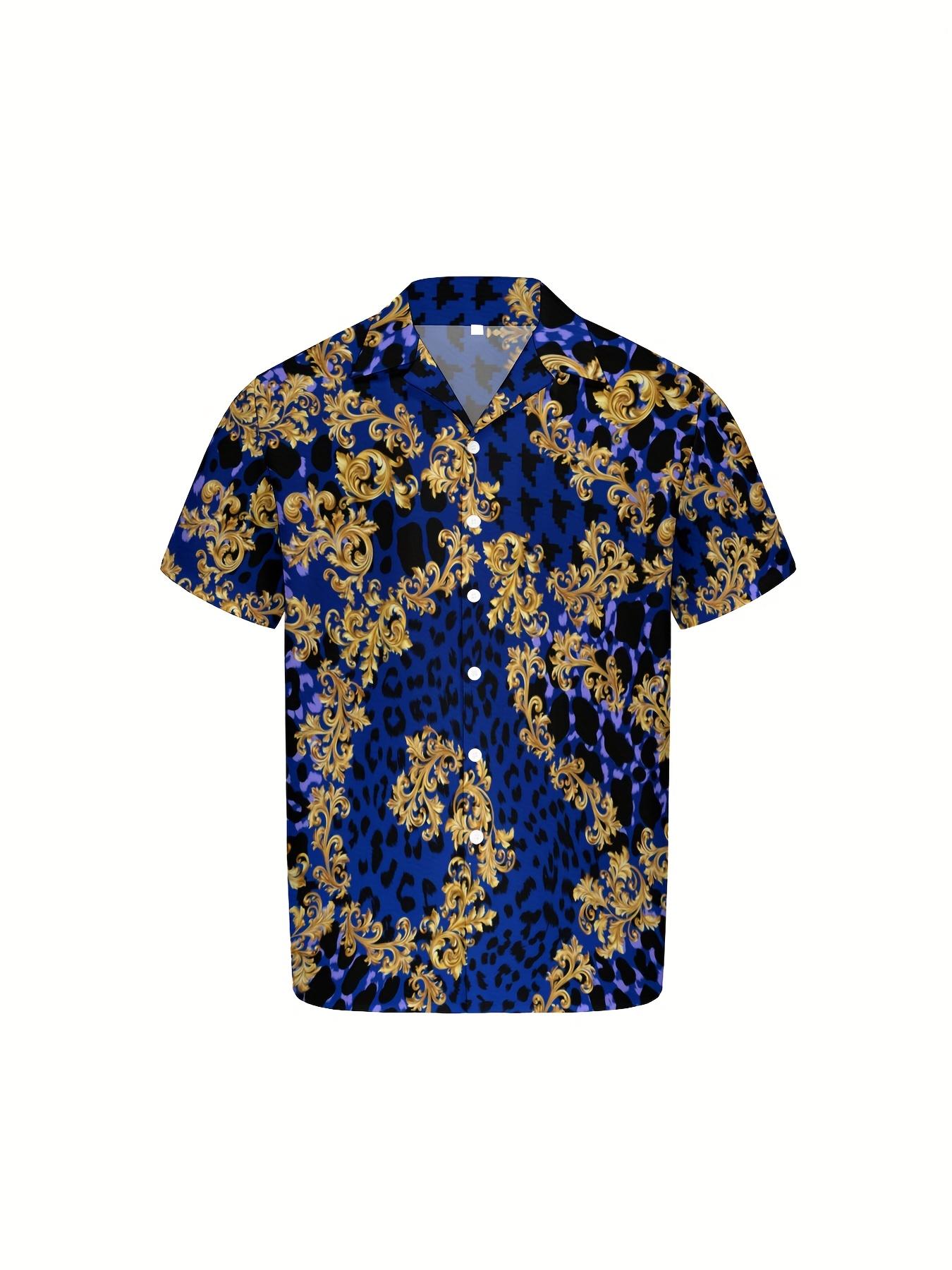 3pcs Men's Hawaiian Shirt And Short Set, Blue Luxury Golden Baroque Soft Fabric Breathable Shirt Button Short Sleeve Casual Beach Shirts Outfits with Bucket Hats