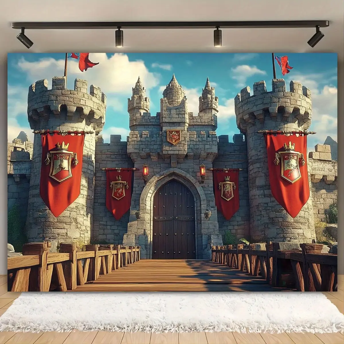 Medieval Stone Castle Tapestry - Cozy Room Hanging Backdrop, Red Flag Knight Theme Party Banner, Historical Fantasy Wall Decor, Renaissance Photo Props with Figures