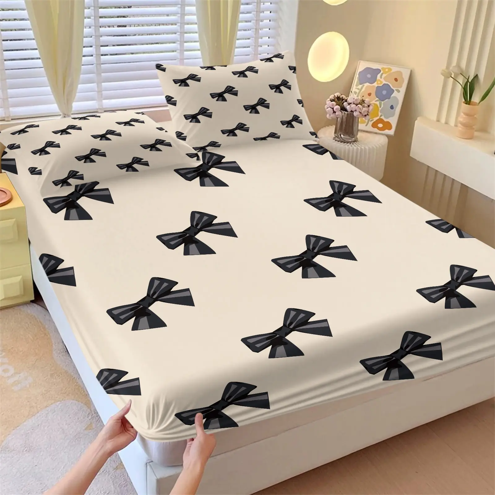 Beige Base Black Bow Fitted Sheet Set-1 Mattress Cover & 2 Coreless Pillowcases-Apricot Base with Hand-Drawn Black Bow Print-Comfortable Non-Slip Anti-Slip Design-Vintage French Style Bedroom Decor