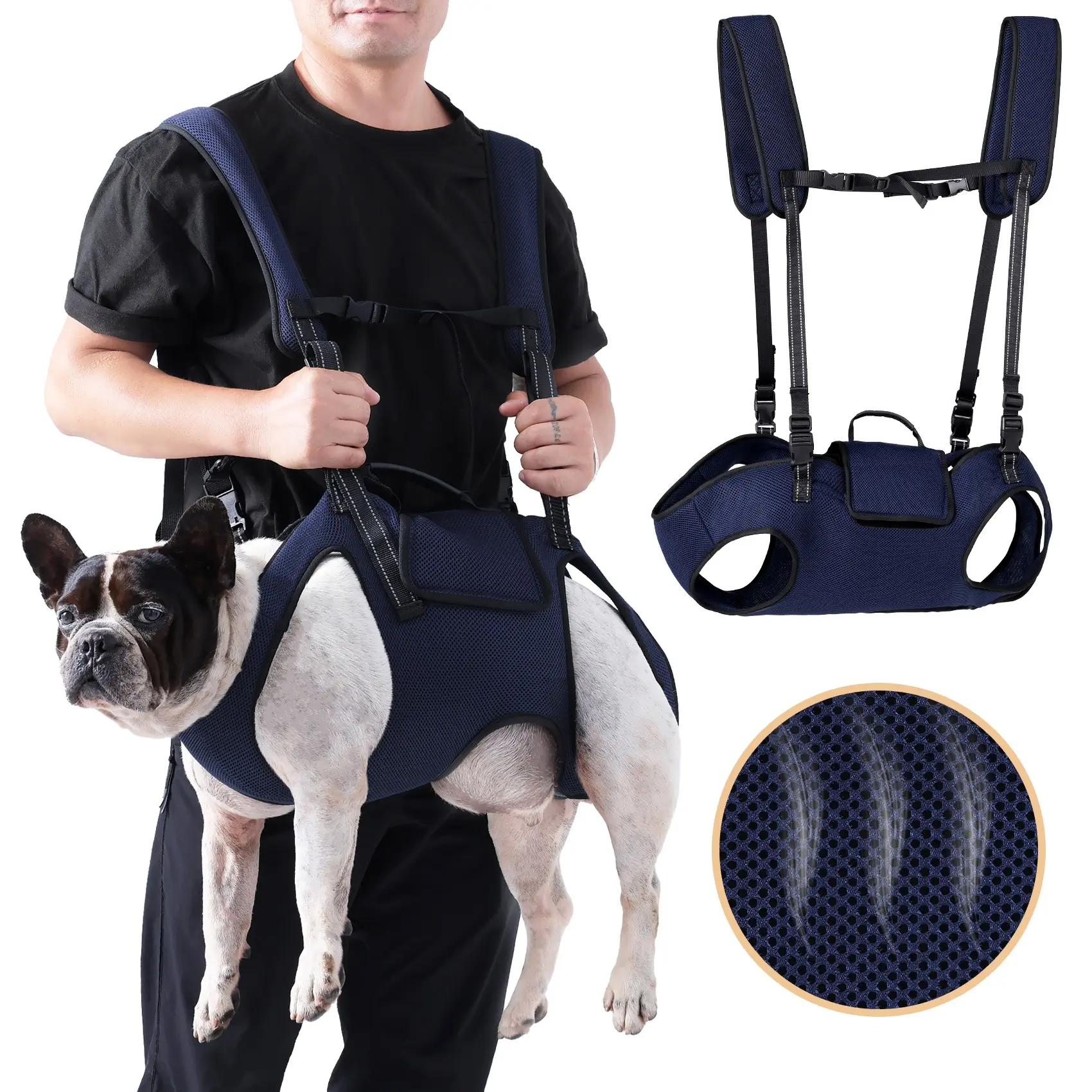 1pc Breathable Mesh Dog Carrier Backpack Reflective Adjustable Shoulder Strap Pet Front Back Side 3 Ways Soft Padded Support Carry Sling For Medium Large Dogs Outdoor Travel Hiking Walking Elderly Injured Dog Assist Transport