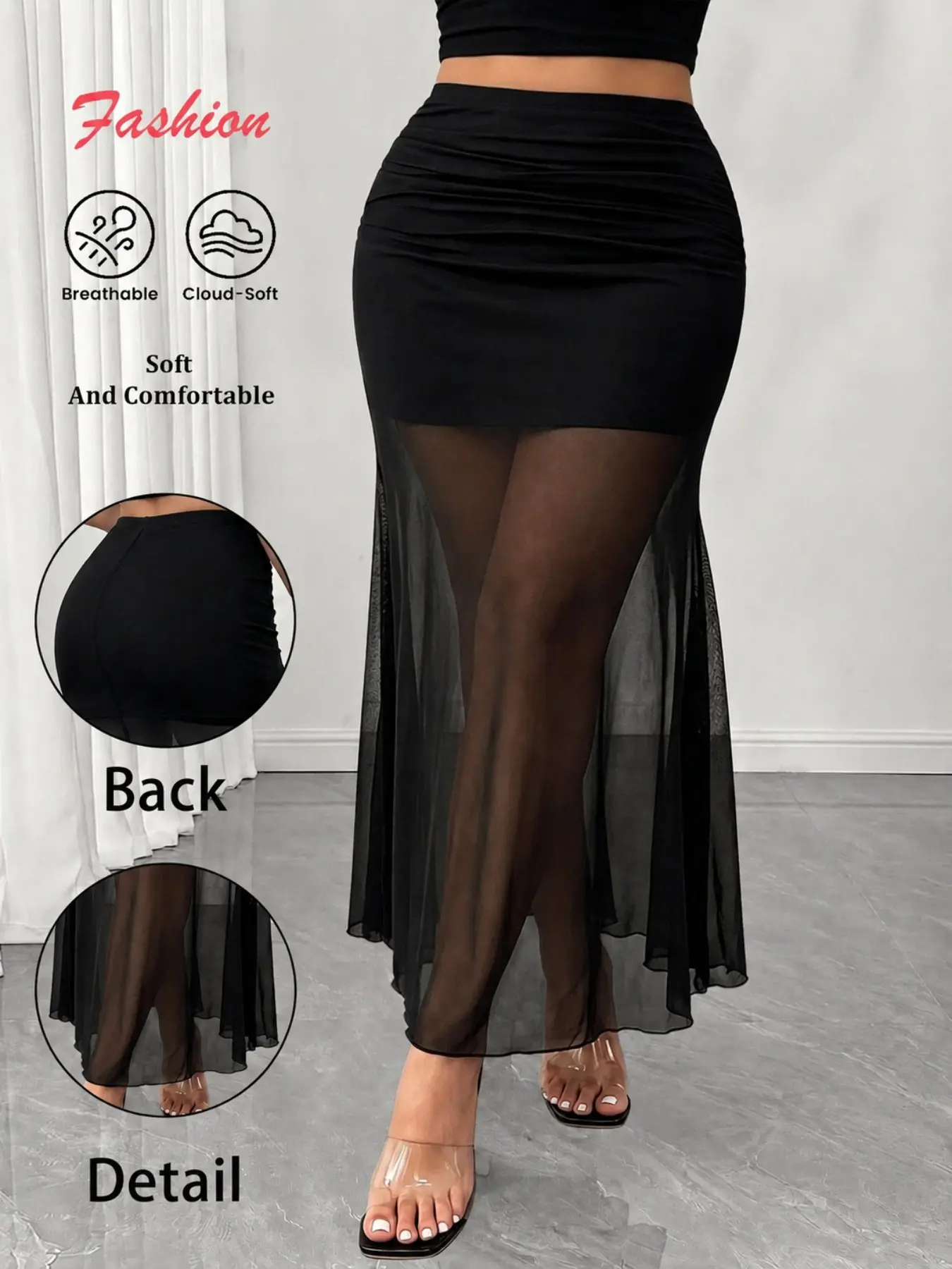 Plus Size Women’s Elegant Sexy Mermaid Skirt, High Waisted Sheer Mesh Bodycon Maxi Skirt with Elastic Waist for Party Date Night, High Waisted Skirts