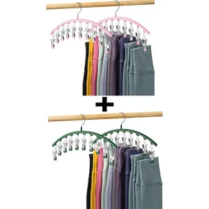 Legging Organizer for Closet, Metal Yoga Pants Hangers 4 Pack w/10 Clips Holds 20 Leggings, Space Saving  Closet Organizer w/Rubber Coated Closet Organizers and Storage, +Green