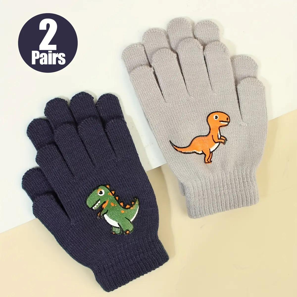 2 Pairs Youngsters' Winter Gloves with Cartoon Dinosaur Print - Warm Fingerless Mittens for Boys & Girls, Beige & Navy Blue, Machine Washable, Perfect for Fall & Winter, Youngsters Winter Gloves, Fall Winter Gloves, Playful Design, Durable Youngsters Glov