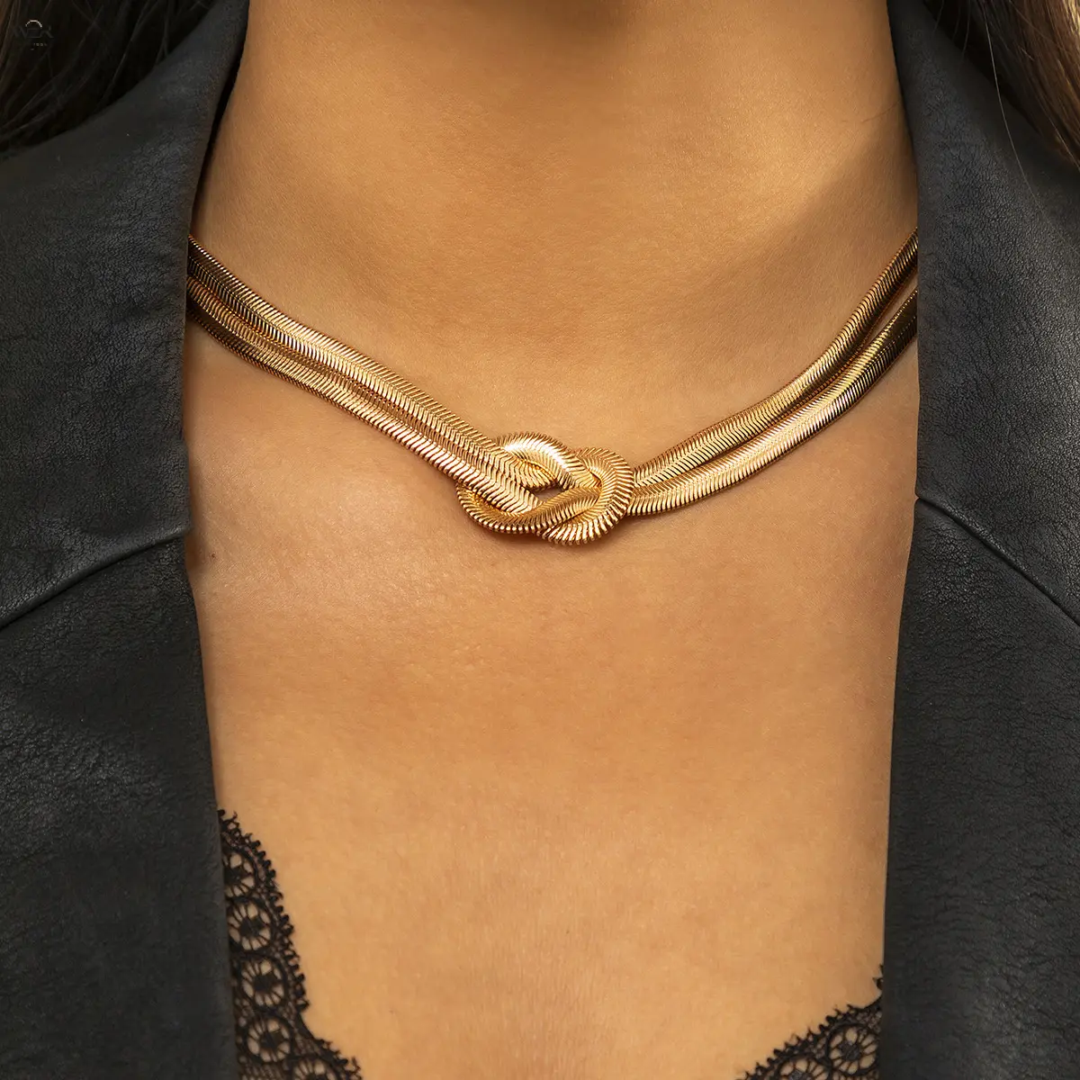 Double Snake Chain Knot Jewelry Series 2 Tone Gold Steel Silver, 2 Sizes Necklace(43cm+5cm Extender) Bracelet(15cm+5cm Extender), Minimalist Front Knotted Design Adjustable Daily Office Matching Neck Wrist Ornament Couple Gift Set