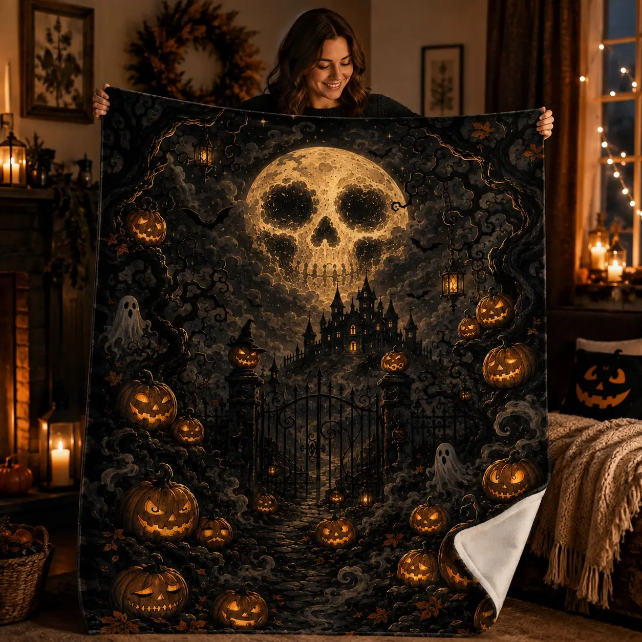 Halloween Haunted Castle Flannel Blanket, Skull Moon Jack O Lantern Pumpkin Ghost Throw for Bed Sofa, Gothic Spooky Decor Gift