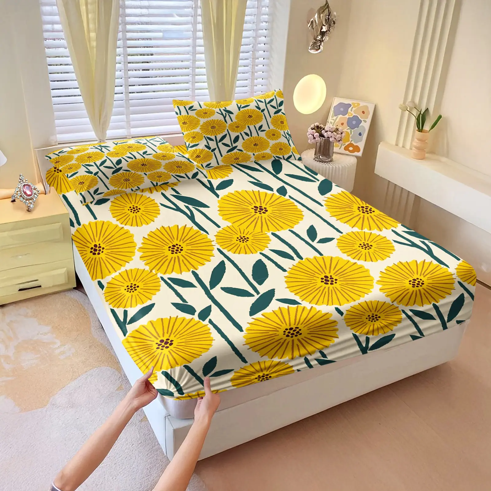 3pcs Fresh Sunflower Daisy Sheet Bedding Set, Simple Line Sunflower Daisy Print, Full Wrap Anti-Slip Mattress Cover Soft Bed Kit For Room Decoration