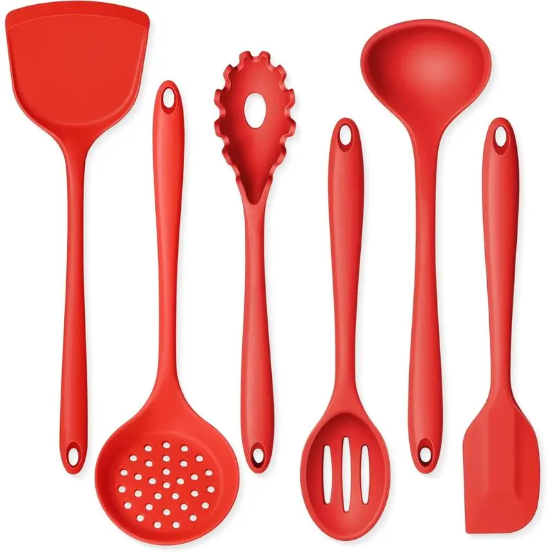 Silicone Cooking Utensils Set, Red Kitchen Utensils 6 Pcs Set, Heat Resistant Kitchen Tool Kit, Nonstick Cookware Friendly & Non Toxic