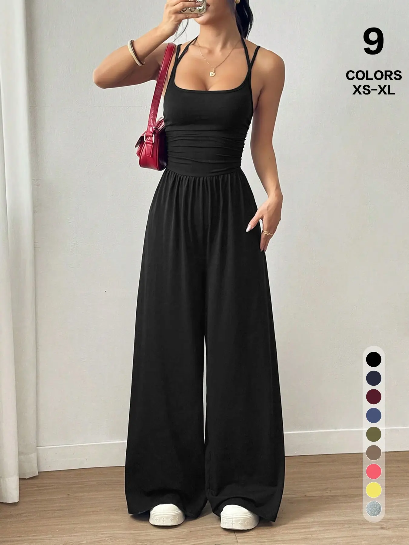 Lightweight Casual Everyday Jumpsuit, Slim Ruched Top & Wide Leg Bottom, Dual Purpose Sleepwear & Outerwear, Loose-Fitting Plain Basic Style, Minimalist