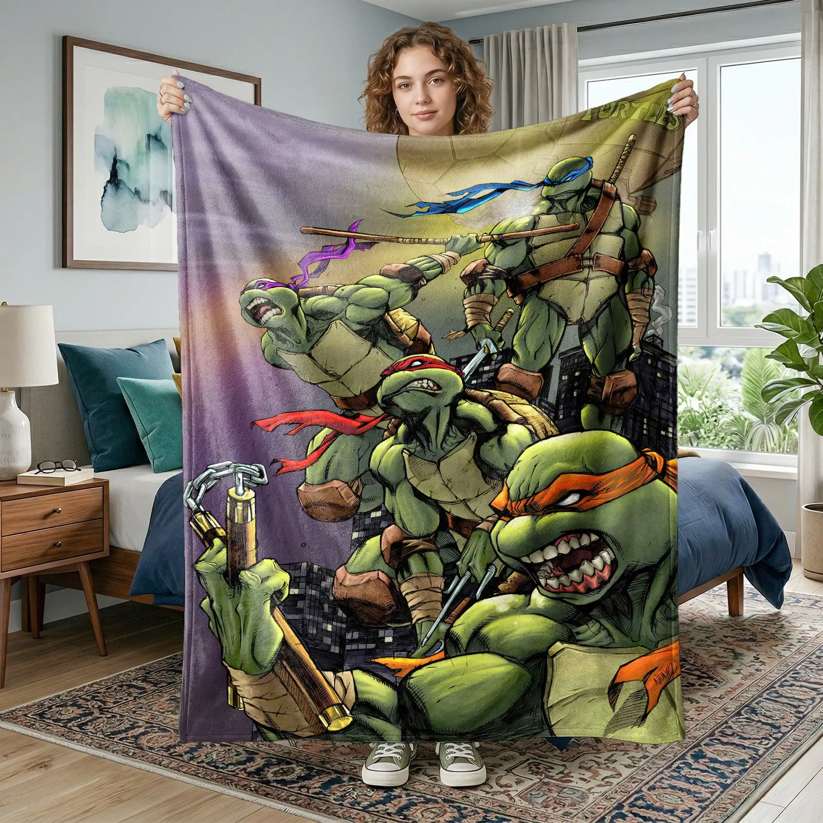 1pc Teenage Mutant Ninja Turtles Themed Fleece Blanket, Four Turtles & Villains Group Print, Hot-Blooded Street Anime Style, Multiple Styles Available. Soft Multi-use Throw for Sofa, Bed, Office, Camping, Ideal for Christmas Gifts.