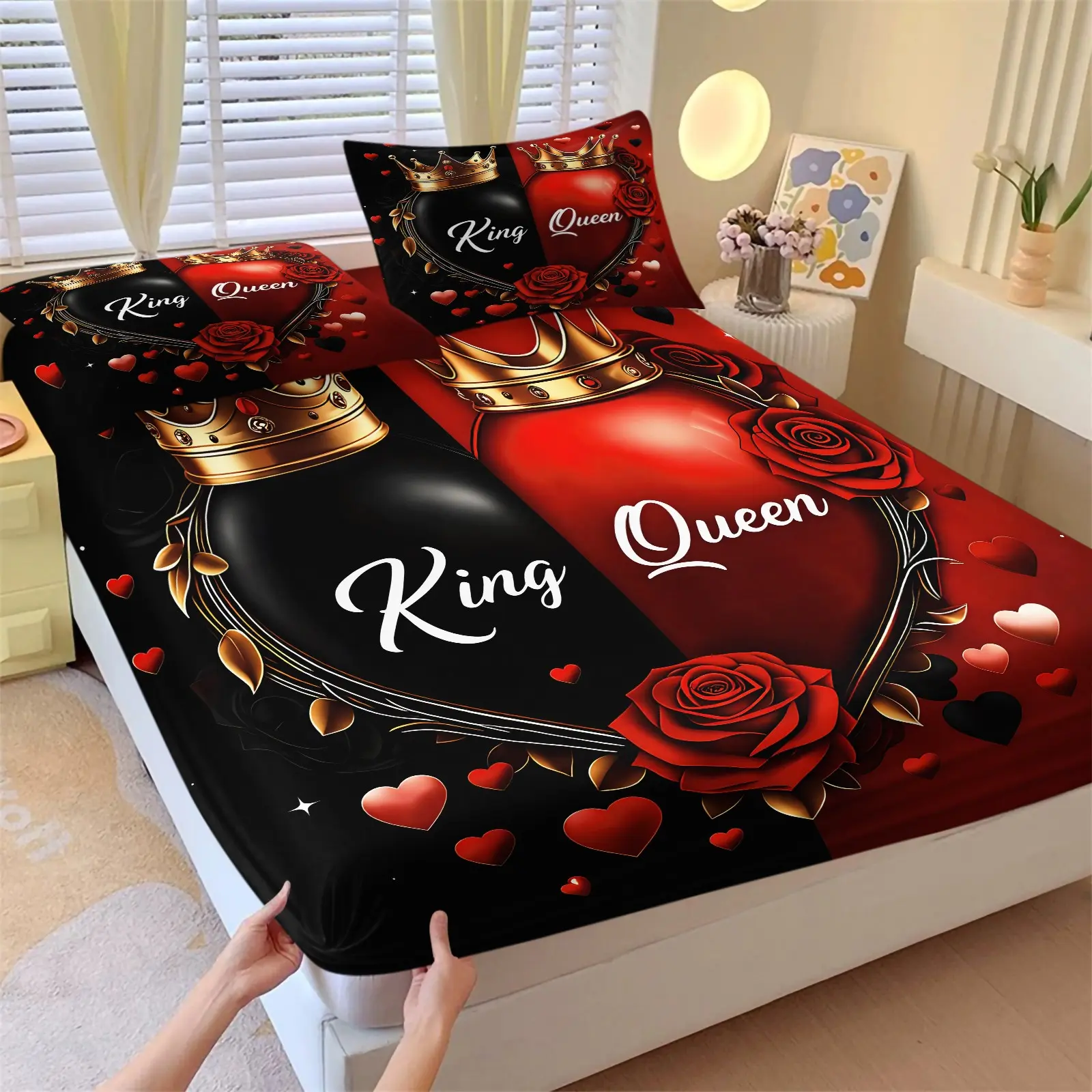 King & Queen Fitted Sheet Set, Decorative Bedsheet Sets, 1 Fitted Sheet + 2 Coreless Pillowcases, Couple Themed Bedding, Soft Comfortable Breathable Deep Pocket Anti-Slip Mattress Protector, Ideal For Honeymoon & Wedding Couple Bedroom Decor