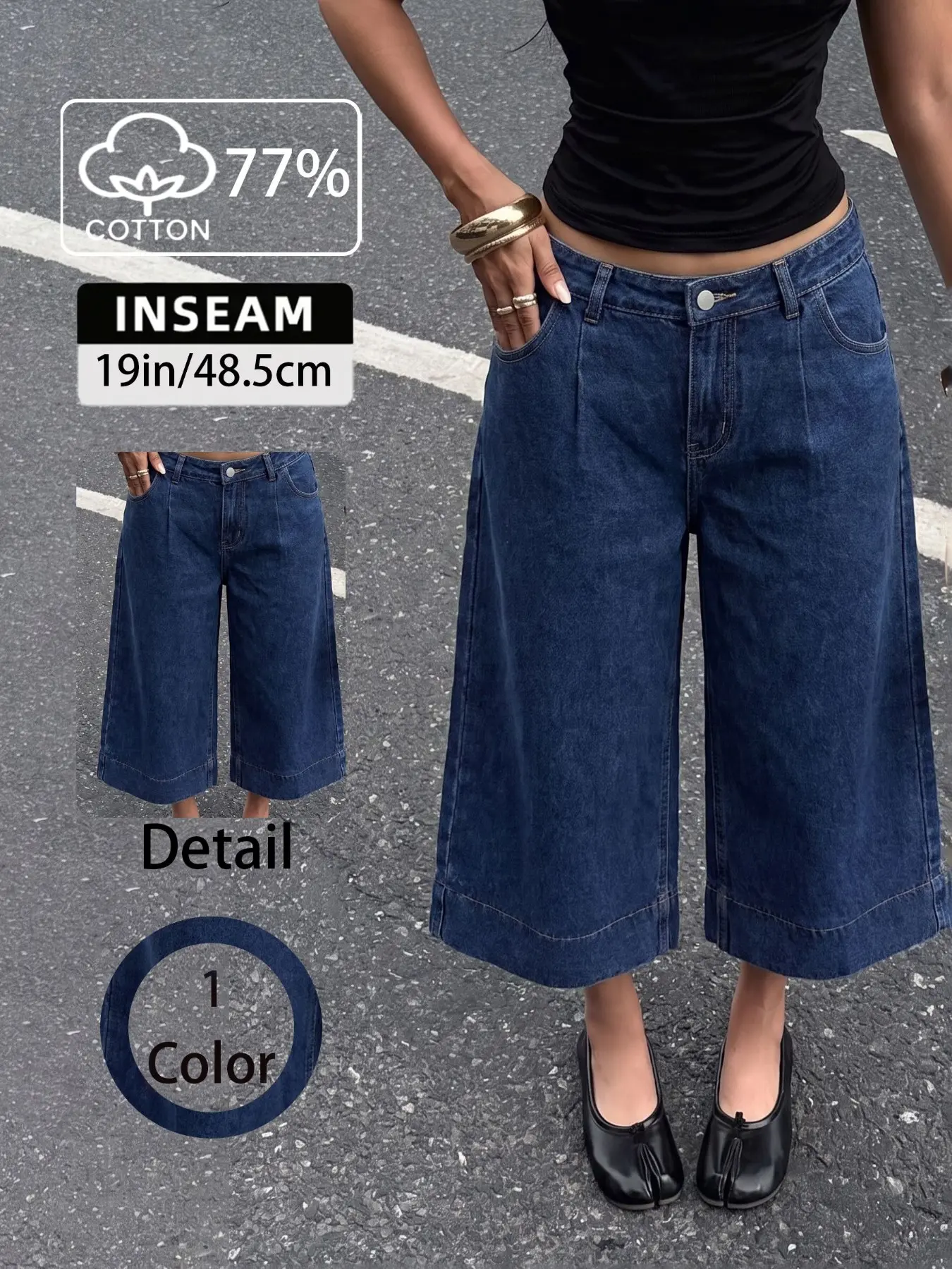 Women's Mid-Rise Pleated Wide-Leg Cropped Denim Jeans – Slimming Chic Street Style Pants for Summer & All-Season Casual Wear