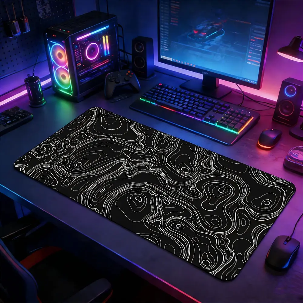 1 Piece Black Topographic Contour, Minimalist Abstract Large Desk Mat For keyboard And Mouse Pad,Full Desk Coverage Anti-slip Rubber Base Stitched Edge,Office Desk Accessories,Aesthetic Desk Accessories,for Work, Gaming, Students,Nice Gift