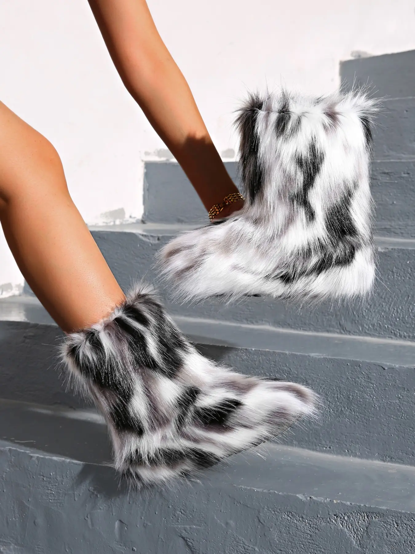 Fluffy Faux Fur Boots for Women Rainbow Mid Calf Boots Y2K Aesthetic Fuzzy Winter Warm Street Party Boots