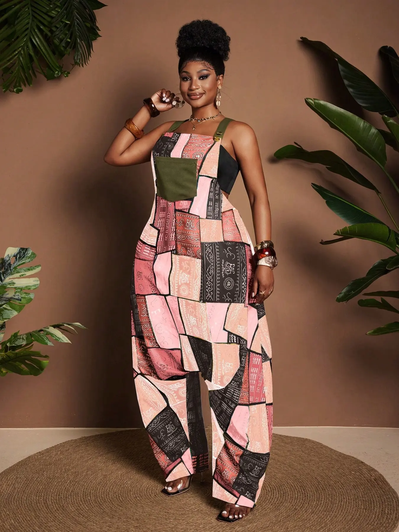 Women's Fall Plus Size Colorblock Patchwork Sleeveless Loose Fit Harem Pocket Jumpsuit, Comfortable and Stylish Casual Wear