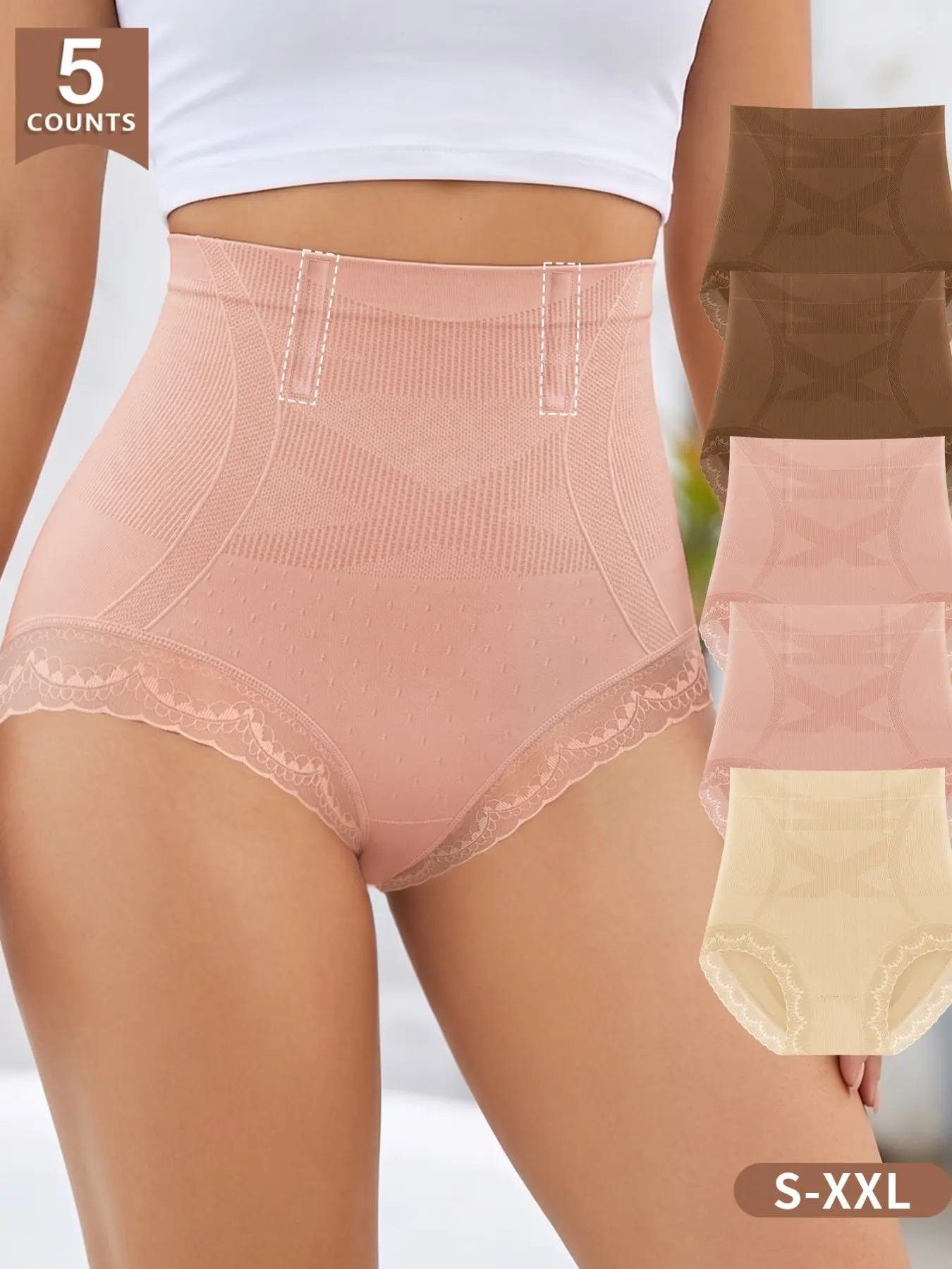 [5-Pack] Morelect Women's High-Waisted Panties, S-XXL, Enhanced Stay-Up, Comfortable Shaping, Lace Trim, Waist Adjuster, Breathable, Fashionable, Daily Casual Underwear
