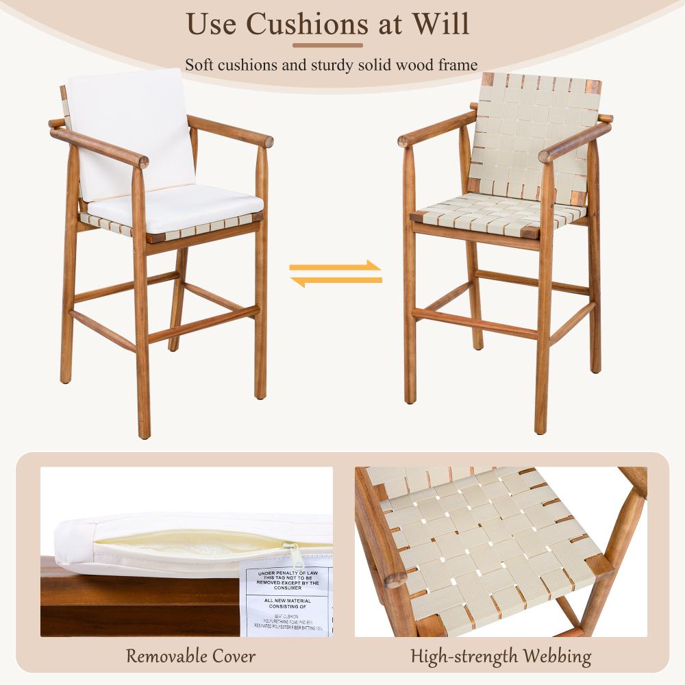 3 Piece Outdoor Bar Set, bistro Patio Acacia Wood Bar Height Table & 2 Stools with Cushions, Wood Dining Bar Set for Backyard, Poolside, Balcony, Beige Cushions