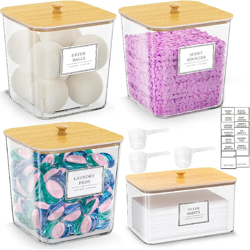 3+1 Pack Clear Airtight Laundry Pod & Detergent Powder Storage Jars with Natural Wooden Lids & Blank Label Stickers, Multipurpose Washing Supply Canisters, Space Saving Transparent Laundry Room Organizer Set for Household Laundry Storage Sorting & Neat Co