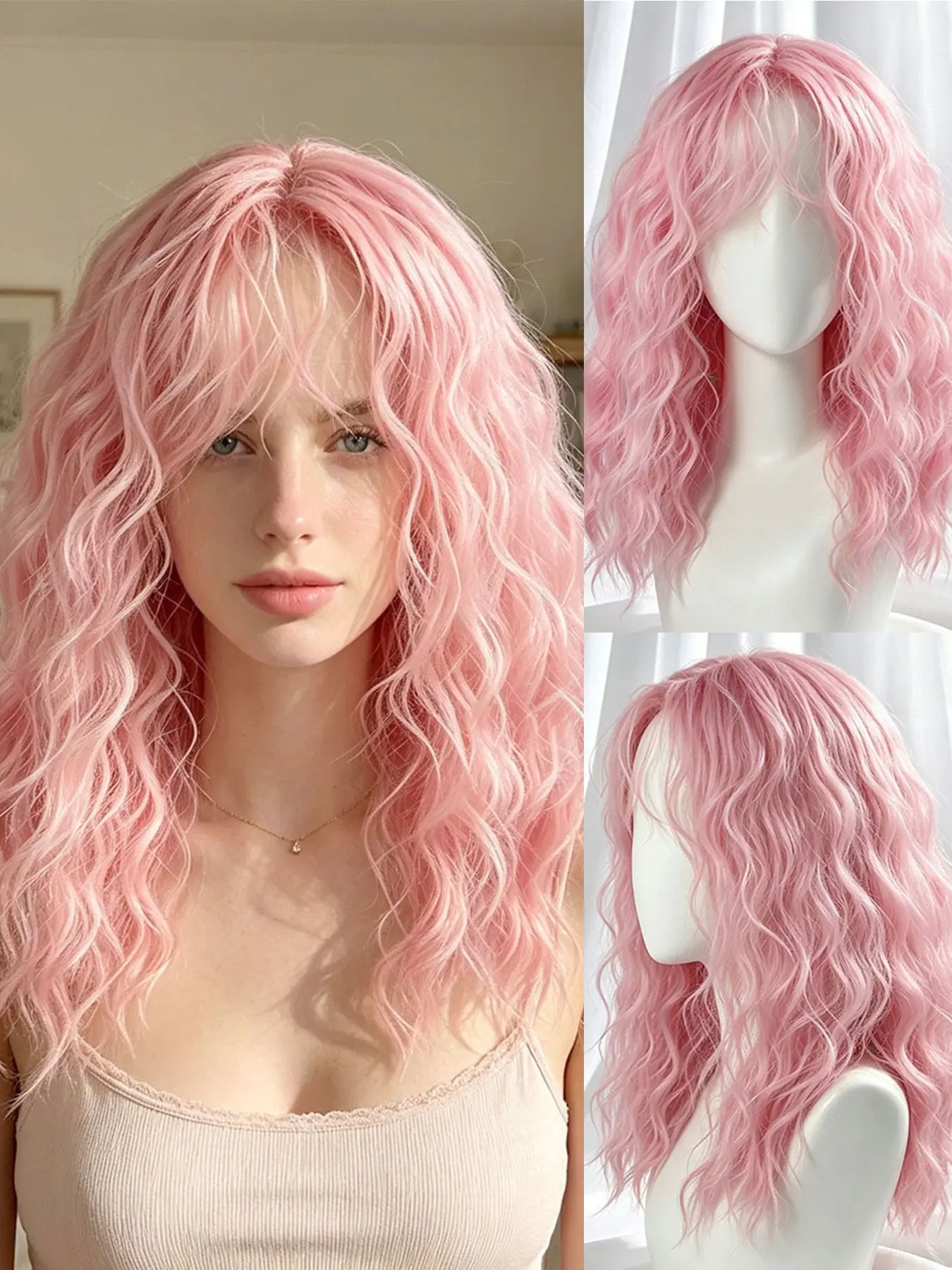 Medium-Length Wavy Women's Wig with Bangs, Synthetic Fiber Rose Net Comfortable Breathable Wig, Ideal for Halloween, Holidays, Daily Use