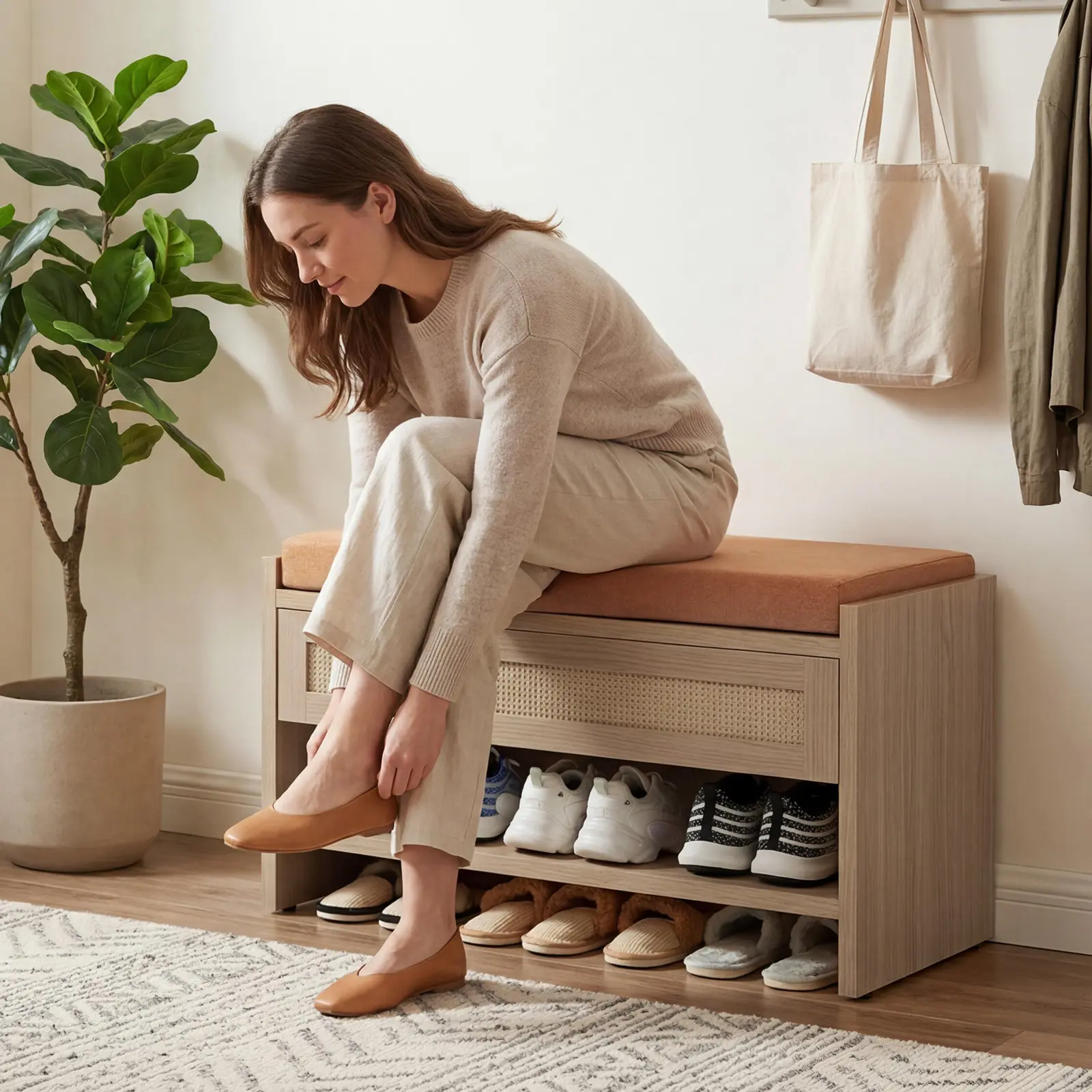 Rattan Shoe Bench with Storage Drawer & Open Shelf, Entryway Seating with Linen Cushion, Wooden Hallway Organizer for Mudroom and Bedroom