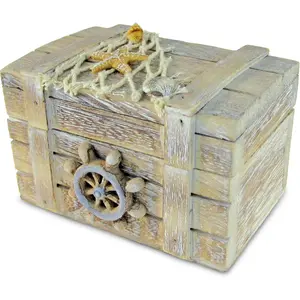 CoTa   Wooden Trinket Box - Handcrafted Nautical  Storage Box, Cute  Box with Starfish And Shells Decor, Rustic  Decorative Box With Hinged Lid 4.25 Inches
