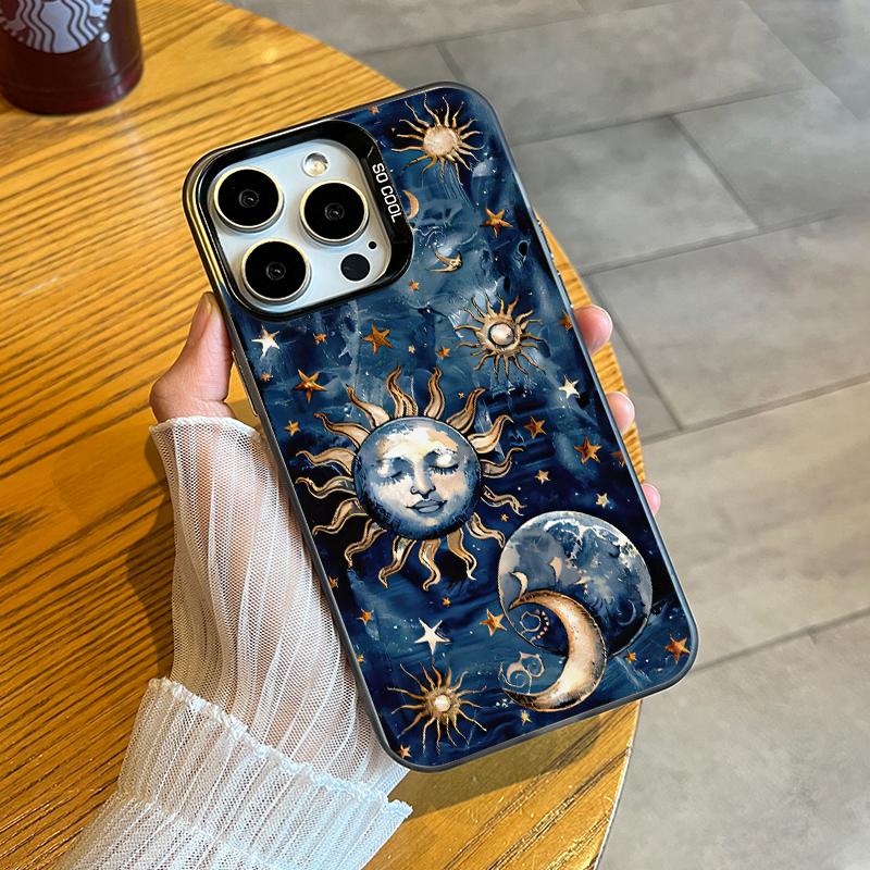 Phone Case Compatible with iPhone 16 15 Pro Max Plus 16E 14 13 12 11 X XR Starry Sun Moon Pattern Durable Shockproof Anti-Scratch PC Protective Case