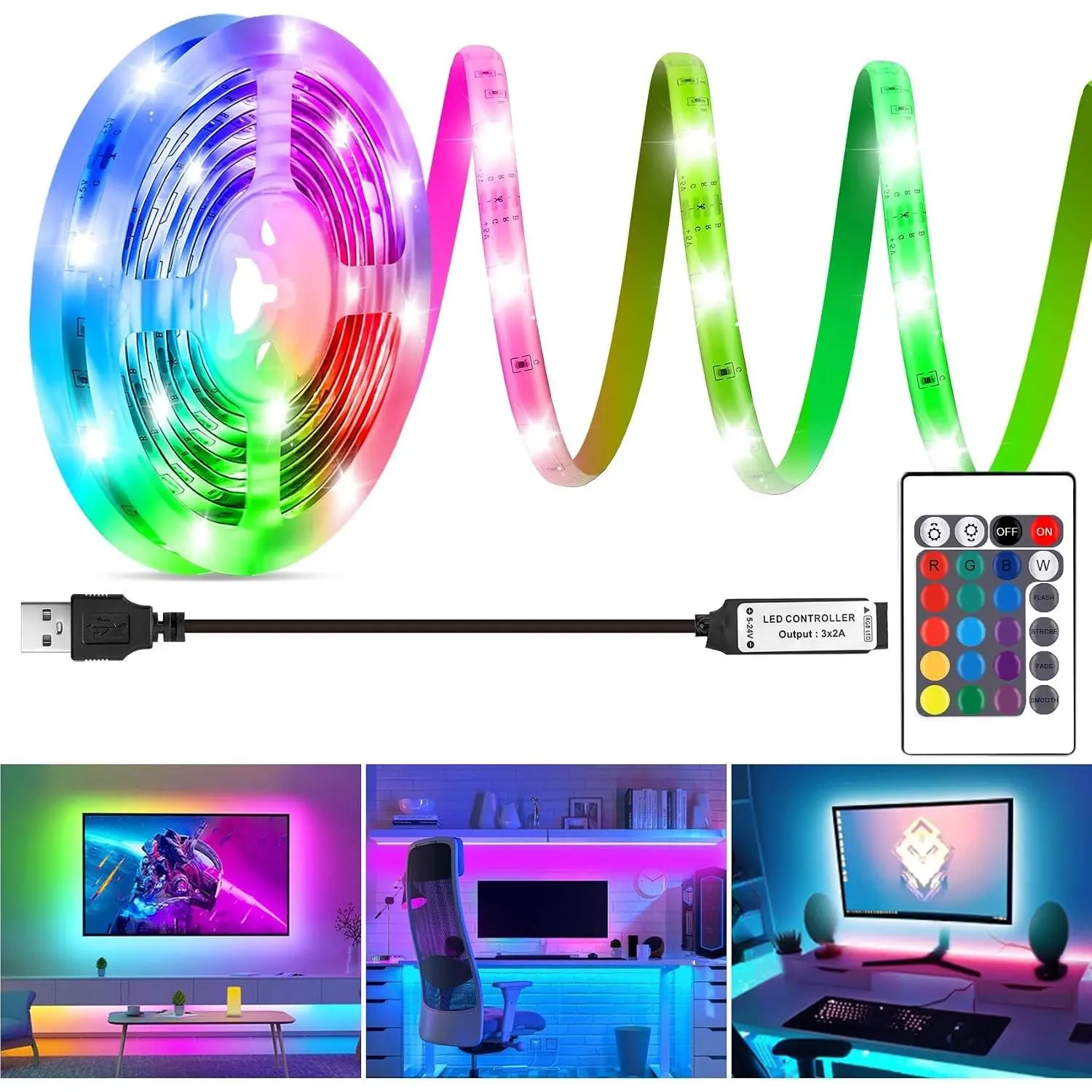 LED Strip Lights 6.56Ft, RGB LED Lights Strip for 40-60in TV Backlight, RGB Color Strips Light Waterproof IP65 with Remote, USB Bias LED Lights Kit for Bedroom PC Monitor Mirror Cabinet Desk