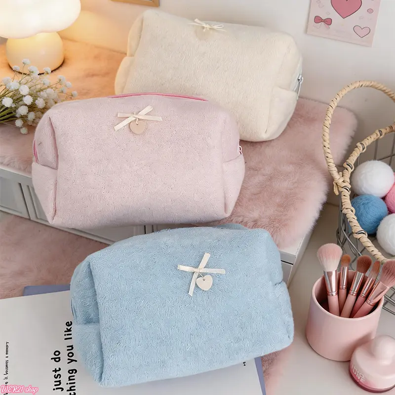 Ins Fluffy Plush Makeup Bag for Women | Viral Large Capacity Portable Cosmetic Pouch, Cute Bow & Heart Charm Decor, Aesthetic Travel Toiletry Storage Organizer for Daily Vanity Vacation Ladies Gift