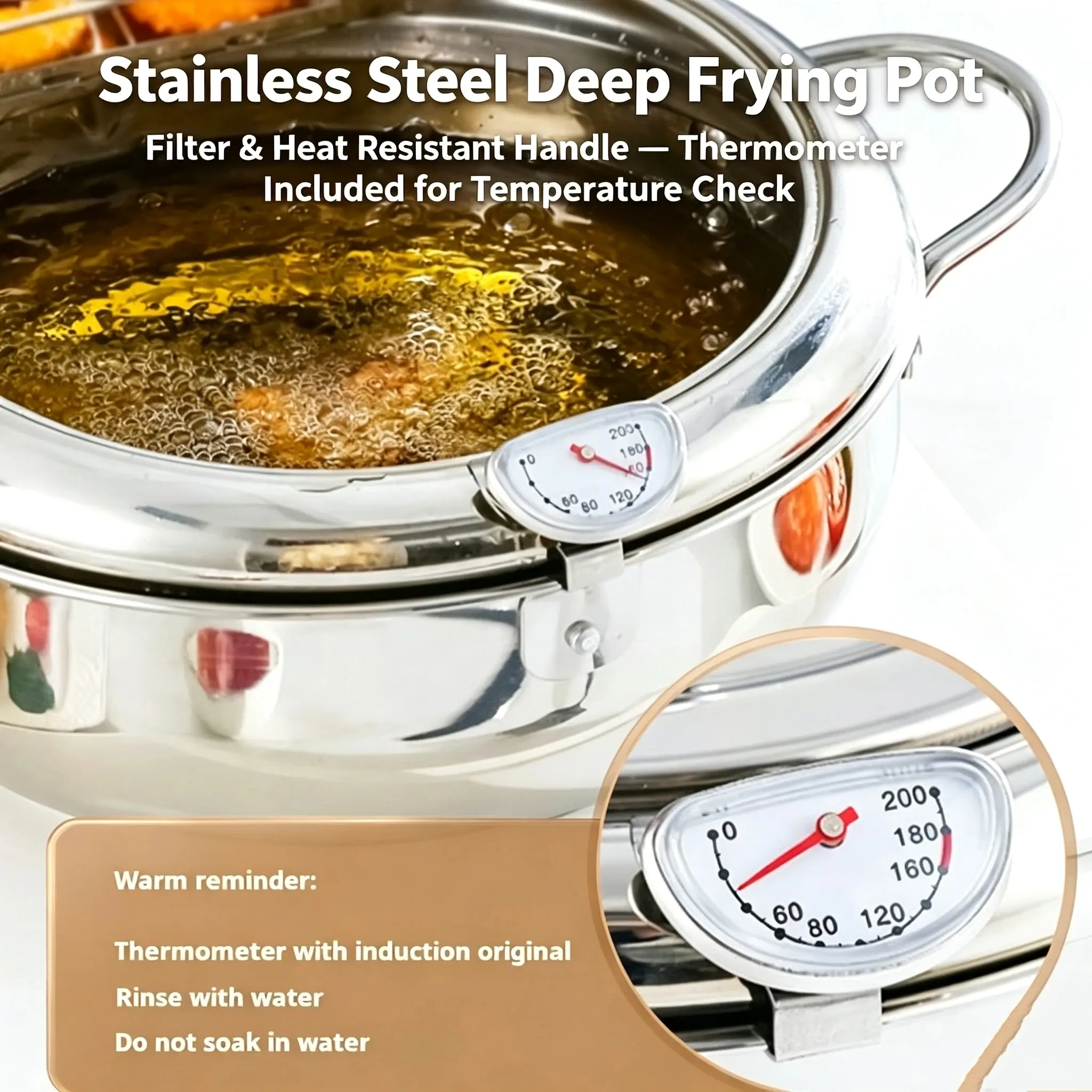 Stainless Steel Deep Frying Pot with Filter & Heat Resistant Handle, Thermometer Included for Temperature Check, Modern Tempura Cooking Pot for Home Kitchen, Kitchen Pots