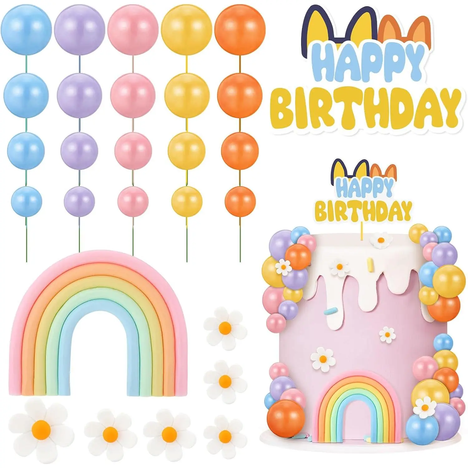 38 Pcs Rainbow Cake Topper with Daisy Balls Cake Topper, Pastel Cupcake Toppers Cake Decorations for Birthday Wedding Party Supplies
