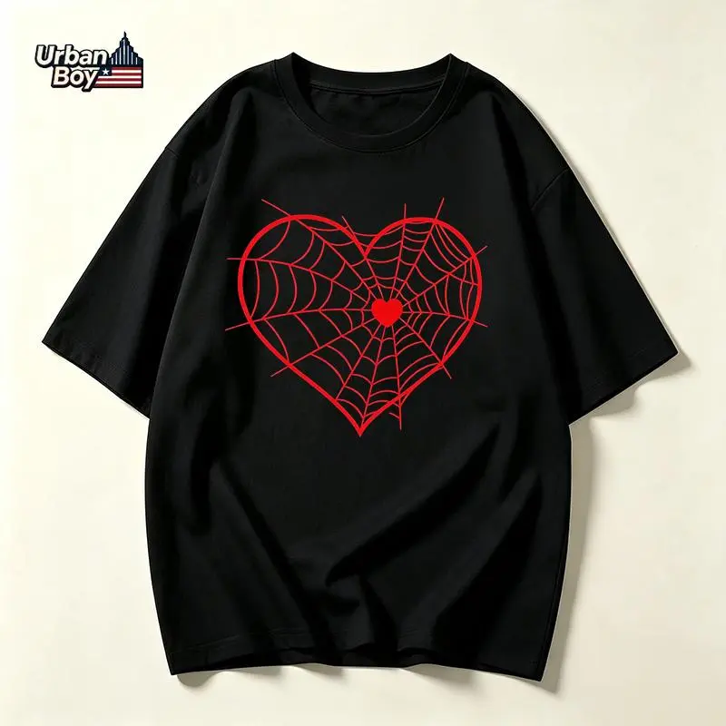 100% Cotton Red Heart Spider Web Graphic T-Shirt Y2K Goth Aesthetic Love Cobweb Print Dark Romantic Short Sleeve Crewneck Viral TikTok Unisex Street Tee For Women Teen Girls campingessentials