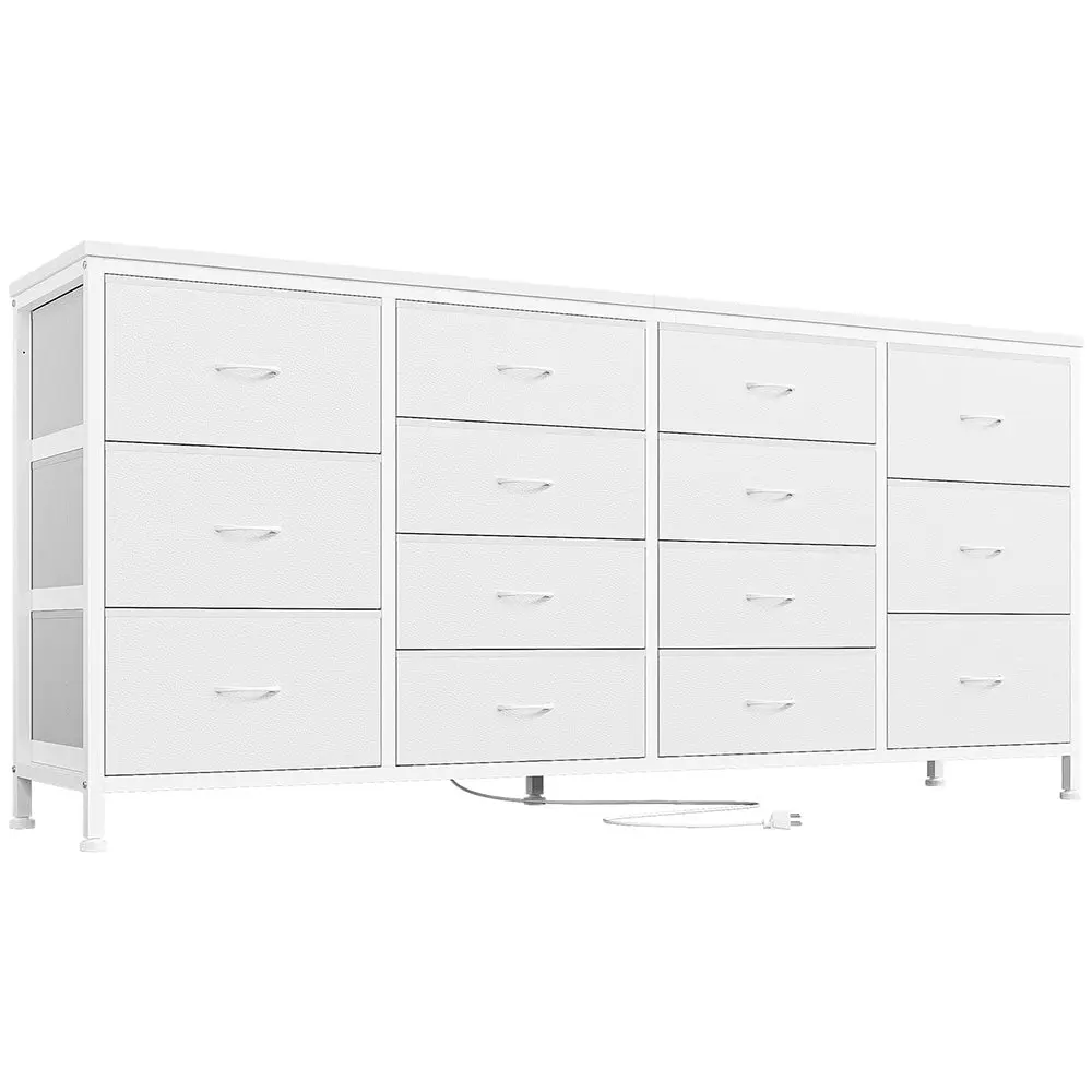 GARVEE63" W White Dresser TV Stand with 14 Drawers and Power Outlets, Large Fabric Dresser Entertainment Center for 65-75 Inch Screens, Ideal for Bedroom Storage and Display