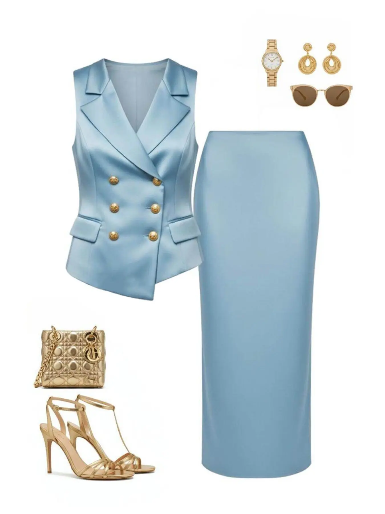 Light Blue Lapel Gold Buttonless Vest + High-Waisted Slimming Skirt Set, Professional Office Wear, Business Meetings, Formal Occasions