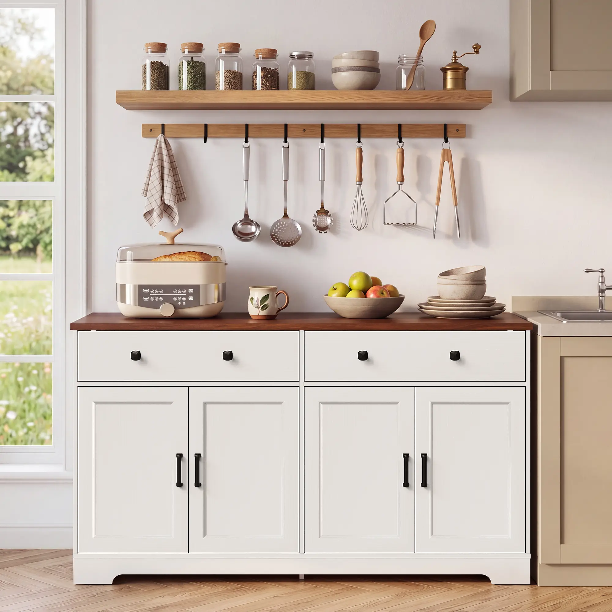 Modern Farmhouse Sideboard Buffet Cabinet 63in Black Coffee Bar with Drawers and Storage for Kitchen Dining Living Room Large Console Table