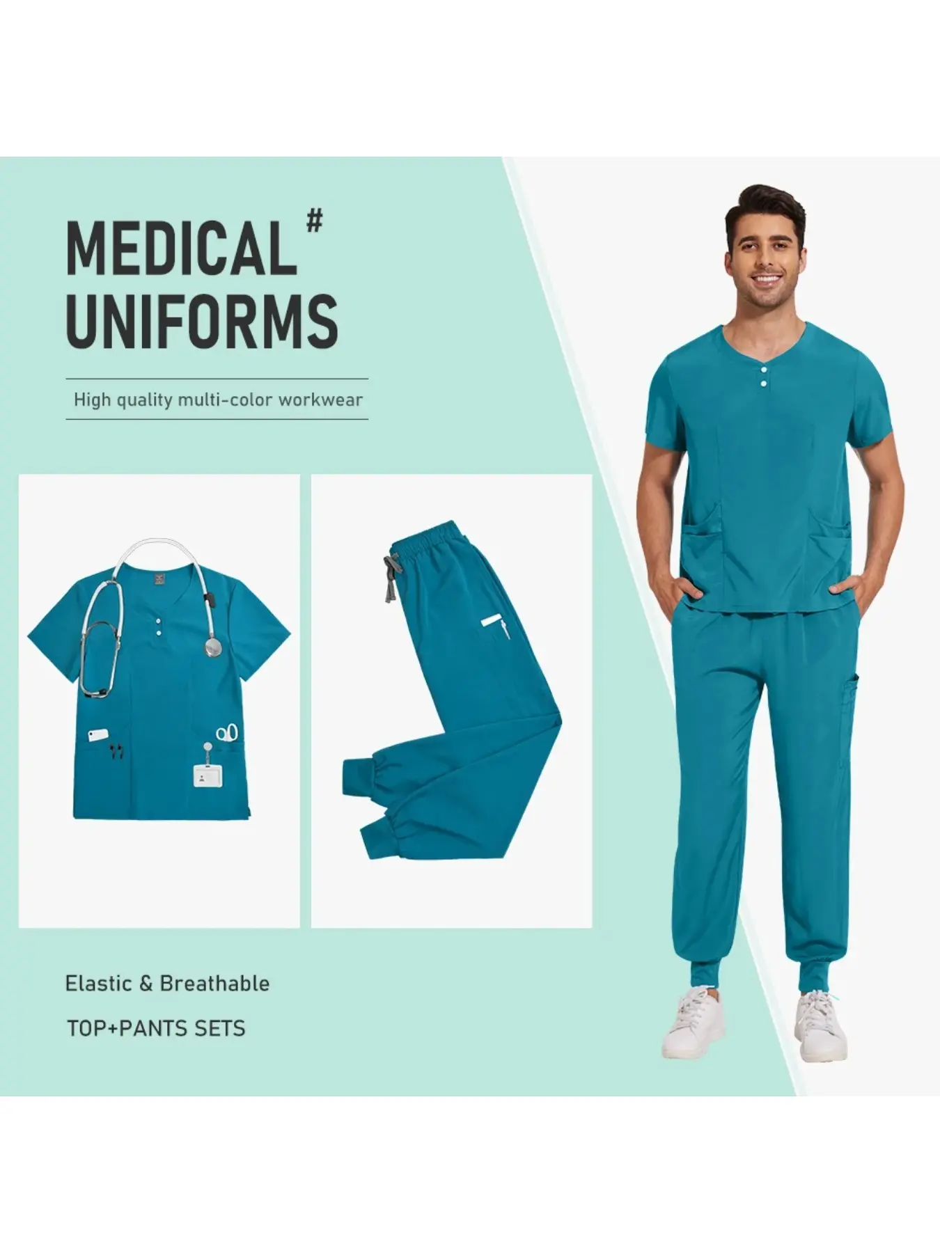 Man Solid Color Scrub Sets Short Sleeve Top Pants Casual Uniform with Pockets Anti-wrinkle Uniform Workwear