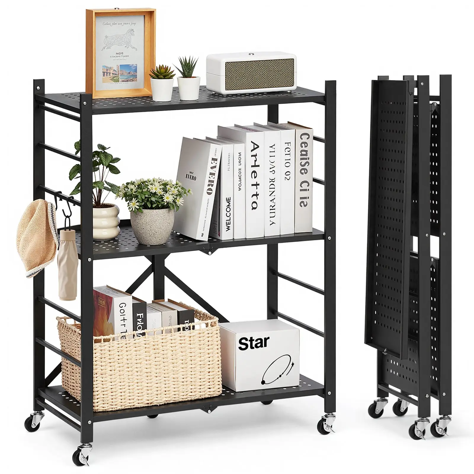 VEVOR 3-Tier Foldable Metal Frame Storage Shelf (13x28x36"), Minimalist Decluttering Organizer Rack with 5 Wheels & 4 Hooks, No-Assembly Pantry Shelves for Kitchen, Garage