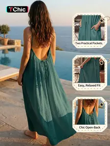 Summer Women's Long Dress, Fashion Solid Color Strapless Sleeveless Back Tie Loose Elegant Vacation Dress, Comfortable Dual Pockets