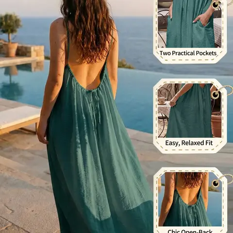 Summer Women's Long Dress, Fashion Solid Color Strapless Sleeveless Back Tie Loose Chic Elegant Vacation Dress, casual backless dress, Comfortable Dual Pockets