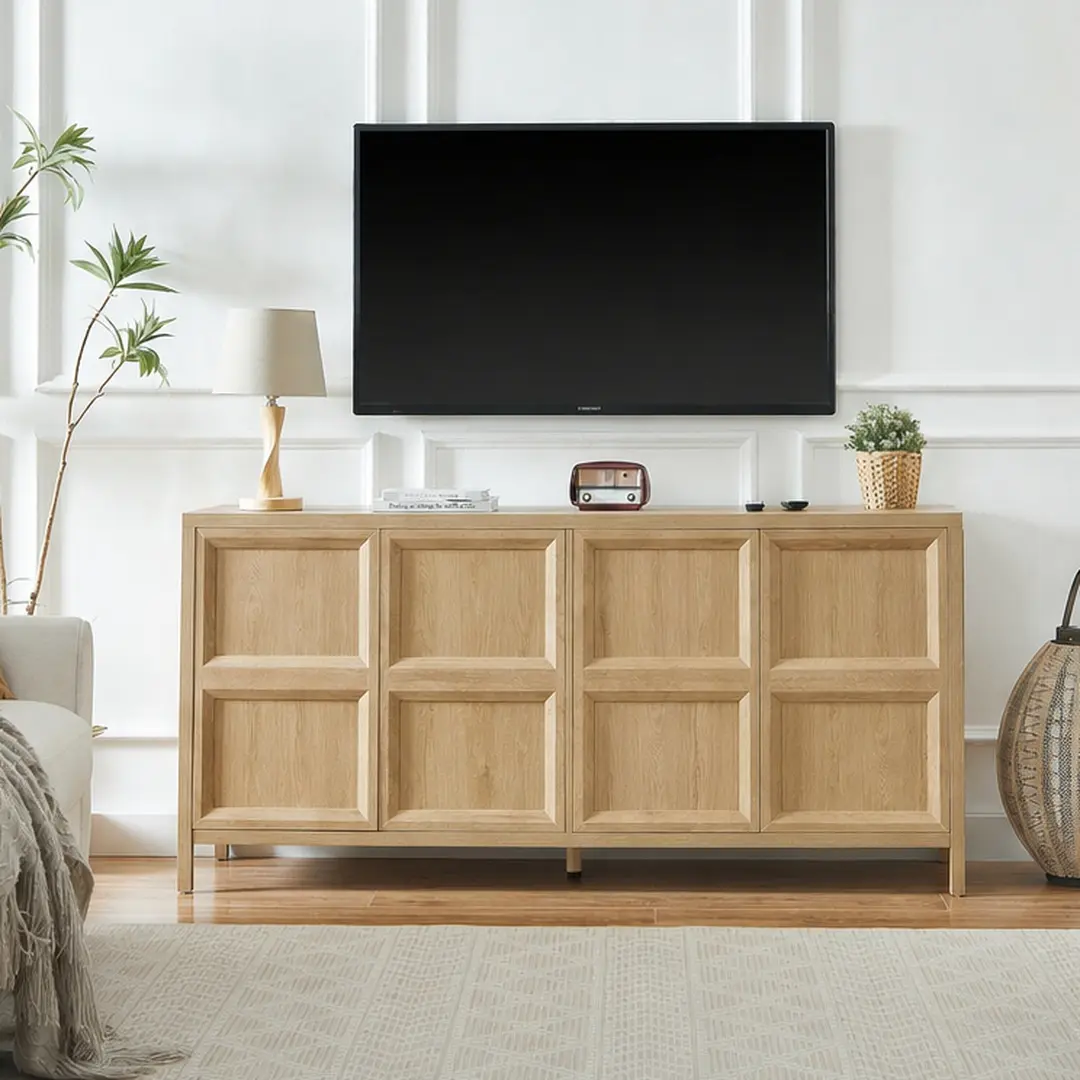 ARCH 67in Sturdy Modern Double Door Sideboard Storage Cabinet - 3D Geometric Design, Tip-On Opening, Soft-Close Hinges, Anti-Tipping Wall Mount, Oak Particle Board Buffet Credenza (DIY Assembly, Smart Functionality) for Dining Room, Scandinavian Furniture