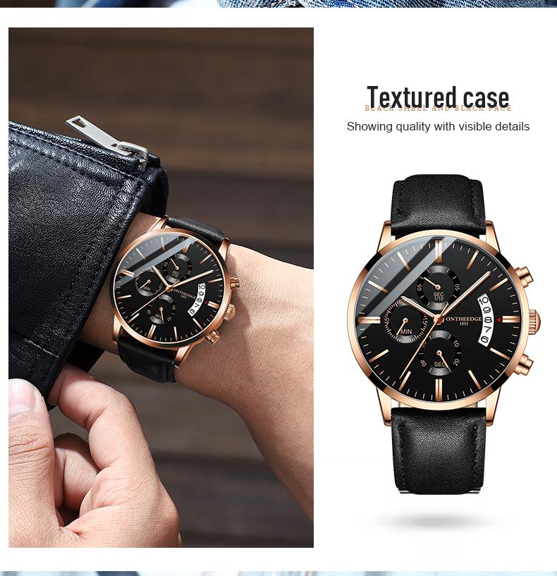 Men's Luxury Black Chronograph Quartz Watch - Leather Strap Wristwatch with Date, Multi-Function Subdials, Luminous Hands, Business Casual Dress Watch, Perfect Gift for Him