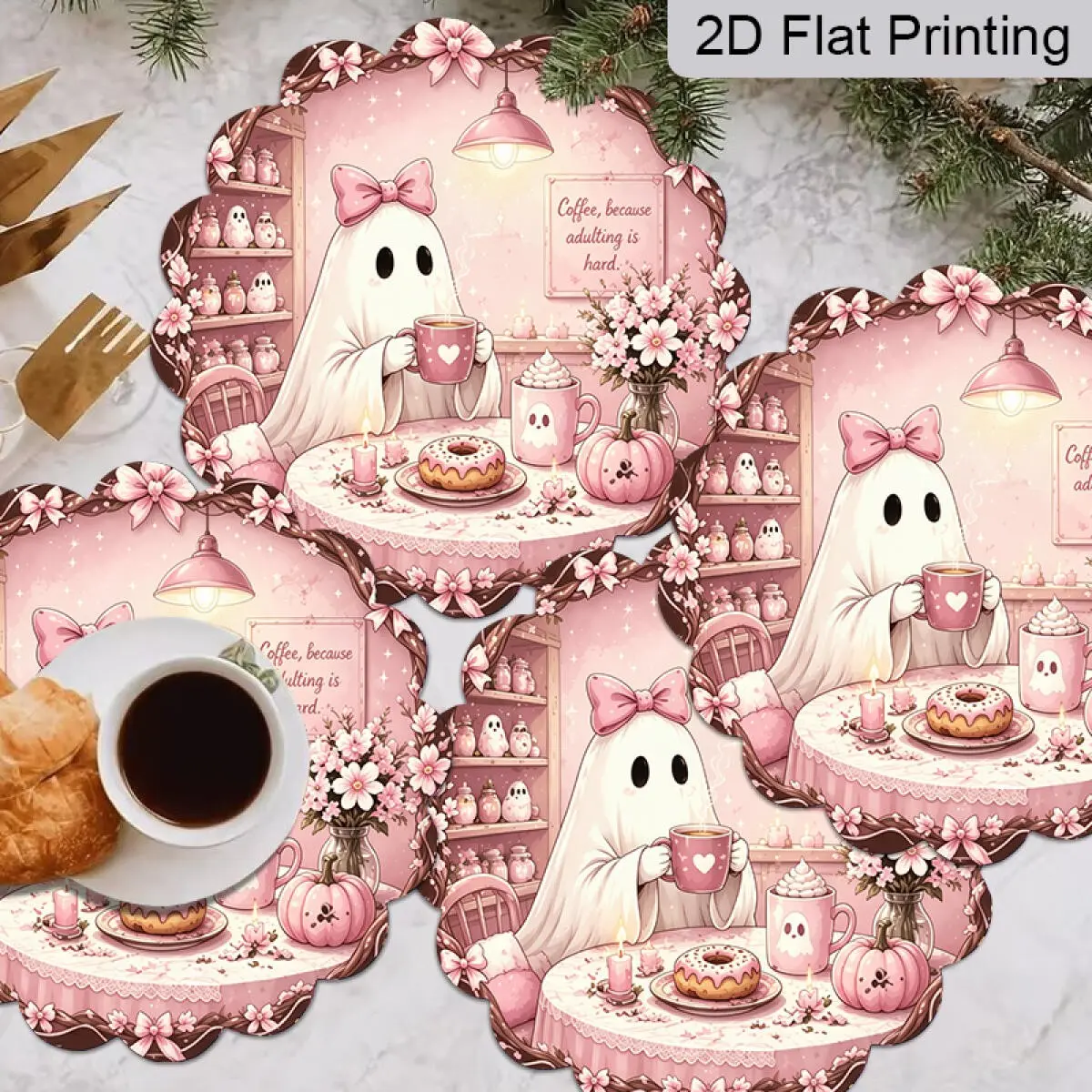 Ghost, Cafe Pattern Placemat, Pink Cute Placemat, Holiday Placemats, Halloween Thanksgiving Valentine's Day Gift, Tableware Accessory, Festive Dining Accessory, Party Decor, Home Decor, Halloween Decor, Household Placemat, Kitchen Decorative Placemat