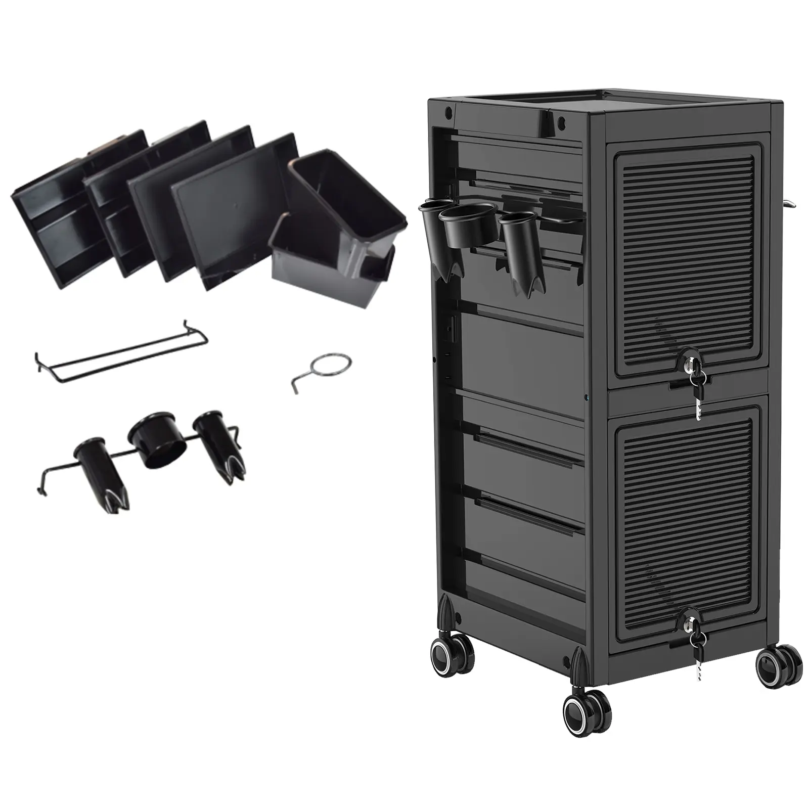 Lockable Salon Trolley Cart for Beauty Spa – 6 Storage Trays, 3 Heat-Resistant Holders, Extra Storage, Rolling Design, Secure Station for Stylists