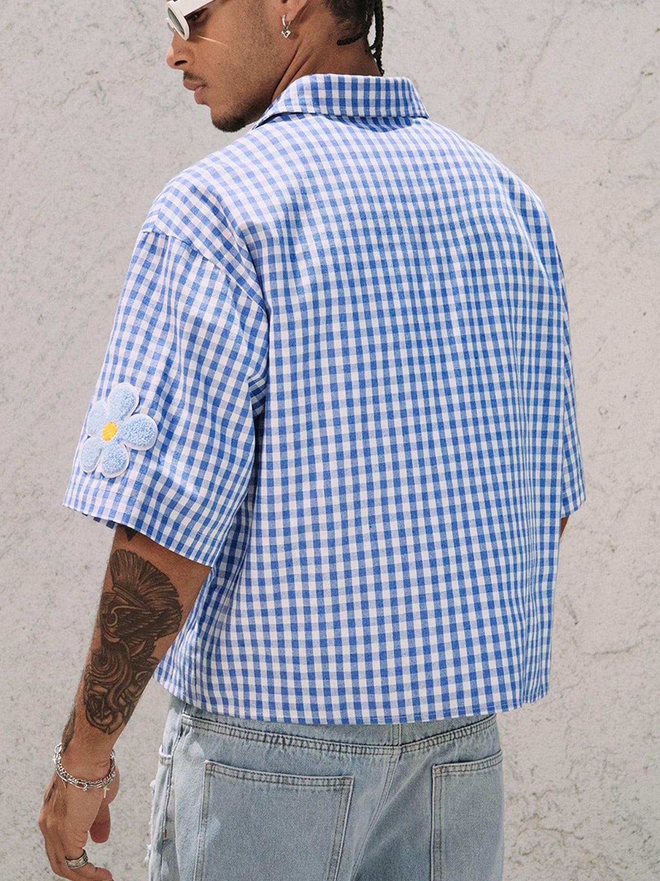 Men's Floral Embroidery Embroidered Short Sleeve Shirt, Regular Fit Casual Street Retro Gingham Plaid Graphic Button Front Top for Summer, Men's Clothes for Daily Wear, Menswear