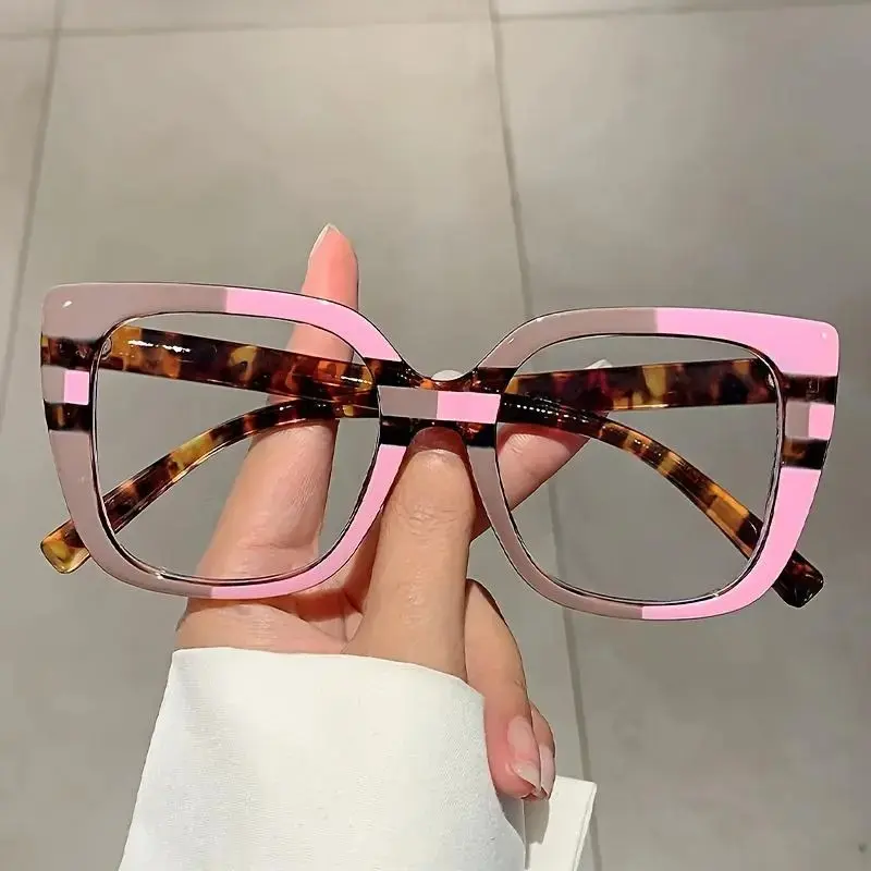 Women's Classic Square Frame Fashionable Eyeglasses - Full-Rim, Light Purple Leopard Pattern, Multicolor Color Block, Chain Detail, Lightweight Non-Prescription Everyday Eyewear for Office, Daily Wear, Square Frames Eyeglasses, Leopard Pattern Frames