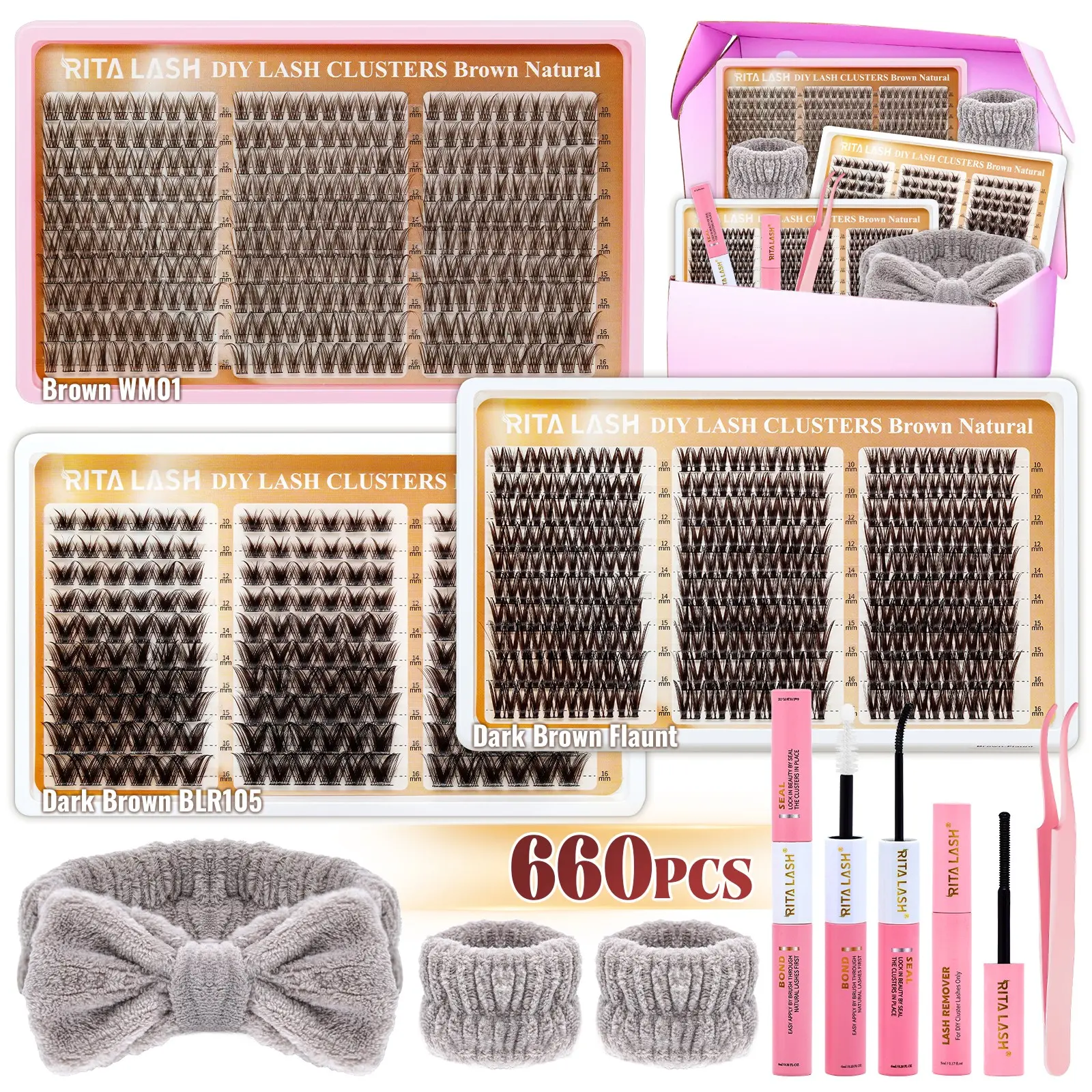 RITALASH 660PCS Dark Brown Segmented Fluffy Eyelash Clusters Kit Light Feathery Natural Look Dark Brown Cluster Eyelashes Big Box Set DIY Long-lasting Lashes Volume False Eyelashes (WM01-BLR105-Flaunt)