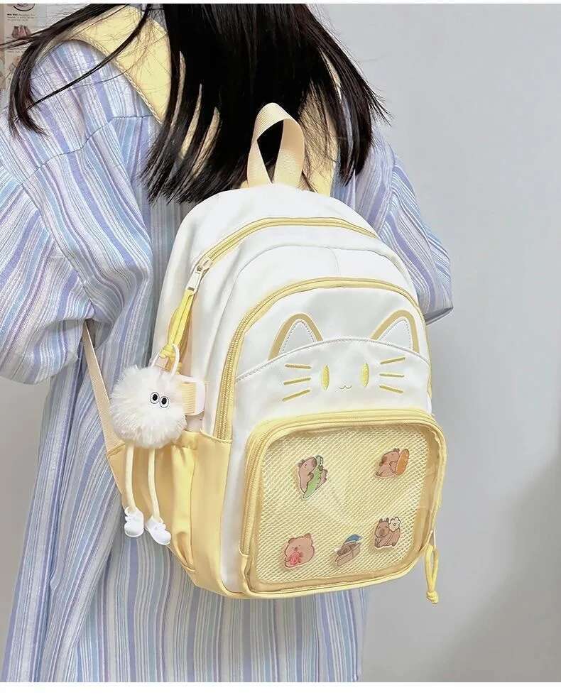 Y2K Cute Cat Ita Backpack Large Capacity Knapsacks Casual Girl Transparent DIY Display Rucksack Cartoon Trendy Travel Schoolbags