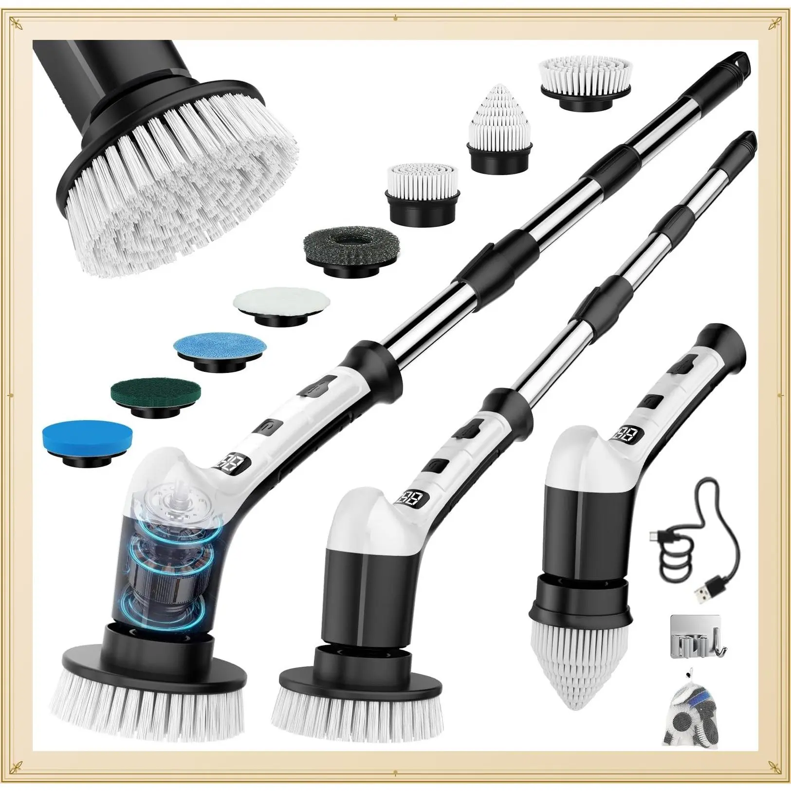 Electric Spin Scrubber with 3 Speeds, Adjustable Extension Handle, 8 Brush Heads, Cordless Power Cleaning Brush for Bathroom, Tile, Kitchen - BlackGift