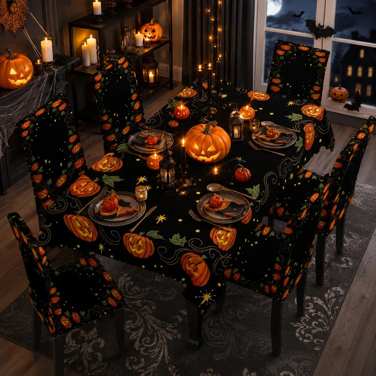5/7 Pcs Vintage Pumpkin Vines Star Swirl Black Background Halloween Print Tablecloth & Chair Cover Set, Fall Party Decor, Stretch Removable Washable Dining Chair Slipcover, For Halloween Parties, Family Gatherings, Party Decor Supplies