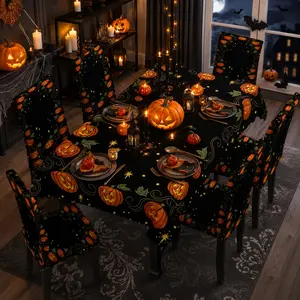 5/7 Pcs Vintage Pumpkin Vines Star Swirl Black Background Halloween Print Tablecloth & Chair Cover Set, Fall Holiday Party Decor, Stretch Removable Washable Dining Chair Slipcover, For Halloween Parties, Family Gatherings & Household Table Decor