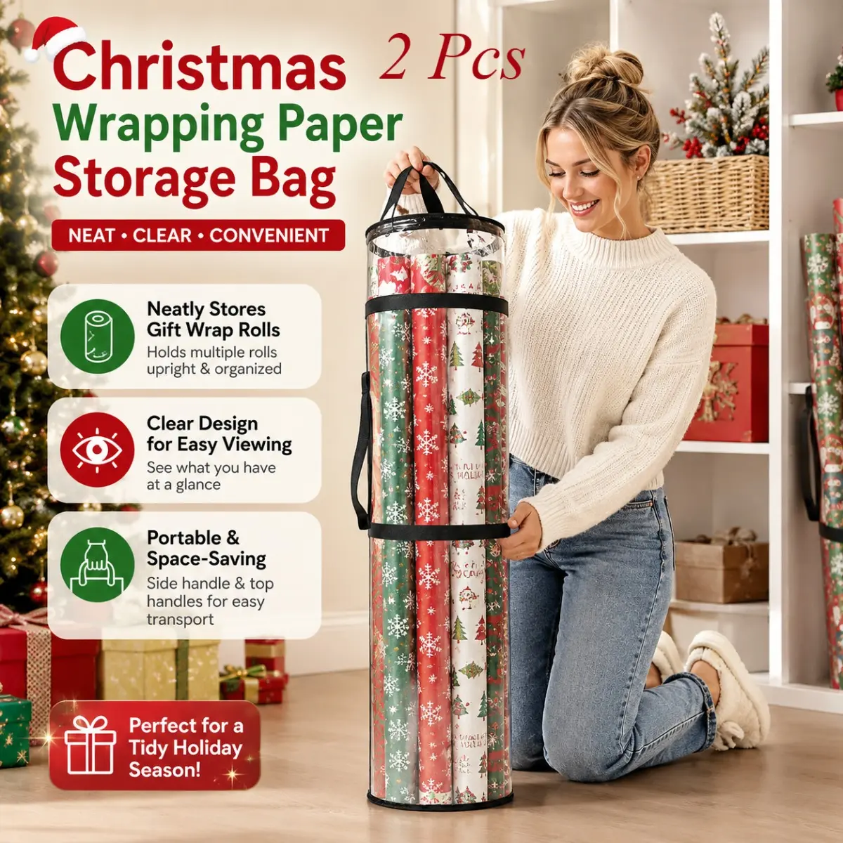 2 Pcs Christmas Gift Wrapping Paper Storage Bag, Clear PVC Holiday Gift Wrap Organizer Holder, 40.9in Long Roll Container Fits 25 Rolls, Dual Zipper, Top & Side Handles, Waterproof Tear-Resistant Storage for Xmas Closet Craft Room,Space-Saving Storage